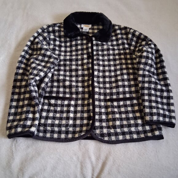 Talbots Vintage Women's Small Black & White Plaid Velvet Trim Fleece Jacket - Picture 5 of 14